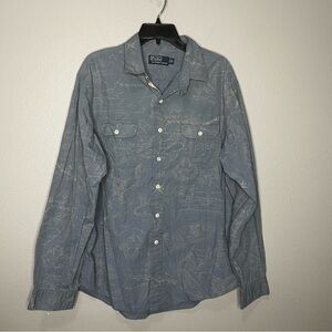 Polo Ralph Lauren South Hampton Map Shirt Long Sleeve Men XL Casual Blue Cream